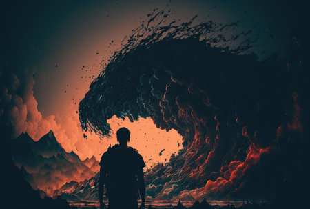 Man silhouette looking at big tsunami wave. Natural disaster concept. Generative AI illustrationの素材