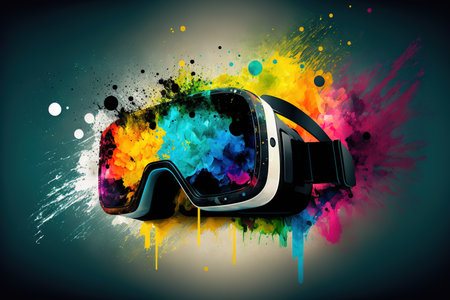 Virtual Reality headset with colorful abstract painting. Generative AI illustrationの素材