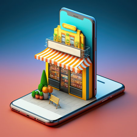 Smartphone online shopping concept. Screen showing supermarket. Generative AI illustrationの素材