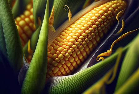 Close up corn cob. 3D rendering style. Generative AI illustrationの素材