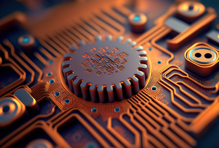 Circuit motherboard, semiconductor close up caption. Abstract background. 3D rendering style. Generative AI illustrationの素材