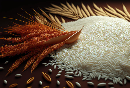 White rice close up caption. Background for copy space. 3D rendering style. Generative AI illustrationの素材