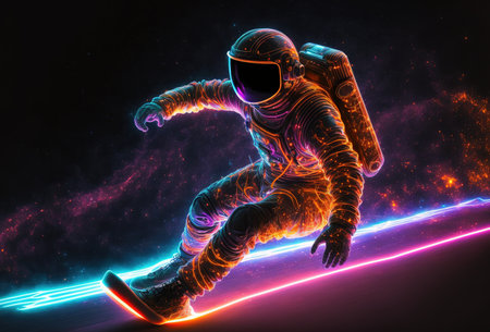 3d rendering style astronaut skater in the space. 3D rendering style. Generative AI vertical illustrationの素材