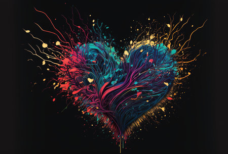 Colorful heart in abstract painting style over dark background. 3D rendering style. Generative AI illustrationの素材