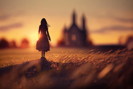 Silhouette of woman at sunset looking at the church by the distance. Tiny architectural mock up style. Blurred defocus. Generative AI illustrationの素材