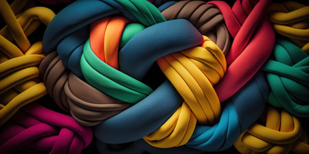 Multicolored fabrics tied and knots. close up, macro style. Creative AI illustration bannerの素材