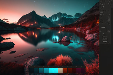 Computer edition of nightfall aurora landscape photography. Generative AI illustrationの素材