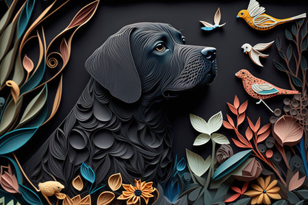 Cute black dog with birds and ornamental flowers. Paper cut 3D art style. Creative AI illustration bannerの素材