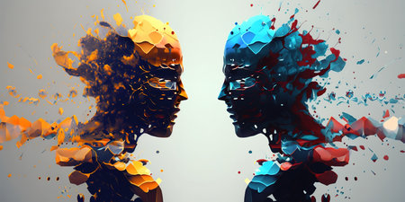 Colorful abstract illustration of two people confrontation. Debate, Arguing concept. Generative AI illustrationの素材