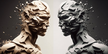 Abstract 3D render of two people against each other. Opposition, debate concept. Generative AI illustrationの素材