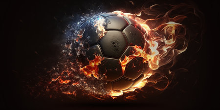 Burning fire football over dark background. Creative AI illustration bannerの素材