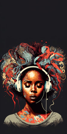 Black woman listening to music with headphones and eyes closed. Abstract splash paint style. Generative AI Vertical illustration with copy space aboveの素材