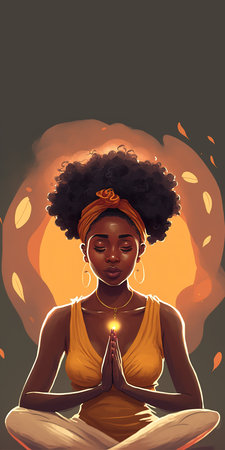 Black woman meditating banner with copy space above. Black History man. Generative AI Vertical illustrationの素材