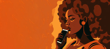 Colorful banner of black woman listening to music with headphones and smart phone. Generative AI illustration with copy spaceの素材