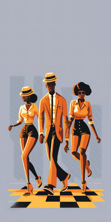 African-American jazz young people dancing on the floor. African rhythms concept. Generative AI Vertical illustration with copy spaceの素材