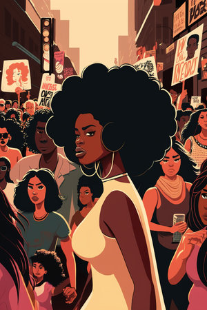 African-American woman in the middle of protest during the 60's. Generative AI Vertical illustrationの素材