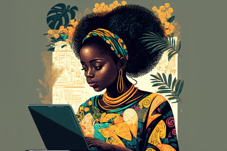 Young black woman using laptop over colorful background. Generative AI illustrationの素材