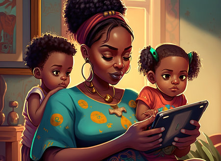 African-American woman playing with her kids with digital tablet. Generative AI illustrationの素材