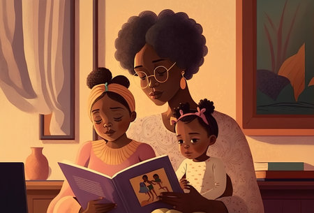African American grandmother with her granddaughters. Generative AI illustrationの素材