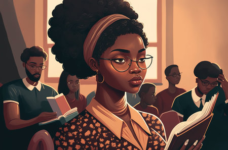 Illustration of African-American woman attending College during the 60's. Black history month. Generative AI illustrationの素材