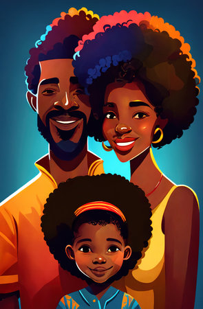 Cartoonish illustration of African-American family, mother, father and daughter. Black history month concept. Generative AI Vertical illustrationの素材