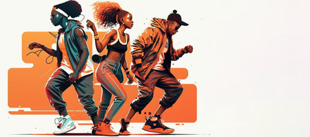 African-American young people dancing with cool modern clothes. Rap, hip hop music banner over white background with copy space. Generative AI illustrationの素材