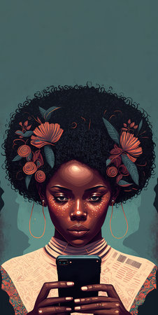 Young black woman with curly hair using mobile phone. Generative AI Vertical posterの素材