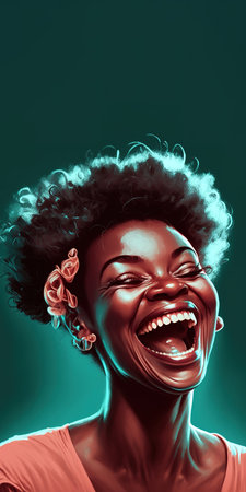 Happy African-American woman laughing out loud. Green background. Generative AI Vertical illustrationの素材