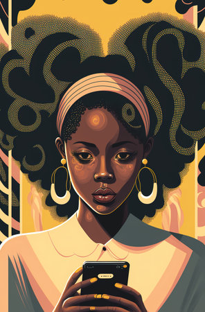African American woman using smart phone. Colorful illustration portrait. Generative AI Vertical posterの素材