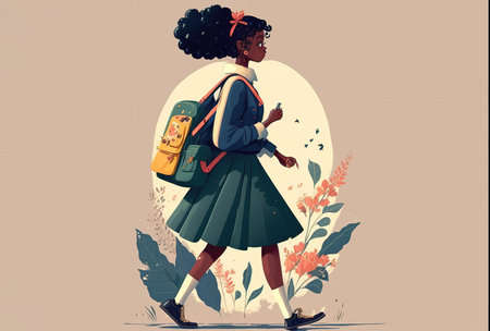 African American girl wearing uniform and backpack while going to school. Cartoon illustration style. Generative AI illustrationの素材