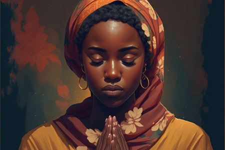 Black woman with traditional African clothes praying. Generative AI illustrationの素材