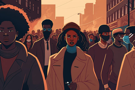 African American people wearing face mask protesting in the streets. Black history month concept. Generative AI illustrationの素材