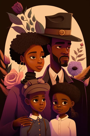 African American History month. Portrait illustration of a black traditional family back in history. Generative AI Vertical illustrationの素材