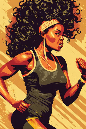 African American woman runner. Cartoon retro style illustration. Generative AI Verticalの素材