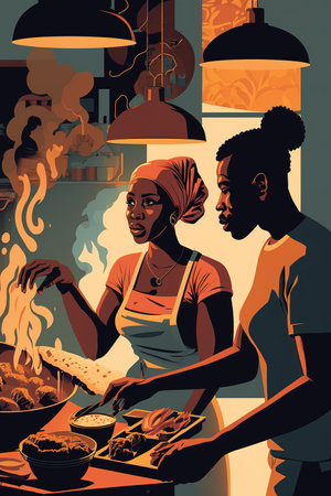 African American people cooking in professional cuisine. Generative AI Vertical illustrationの素材