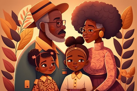 Grandparents with their granddaughters. Cartoon illustration. Black history month. Generative AI illustrationの素材