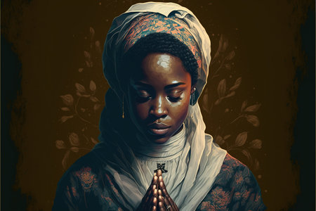 African American woman with traditional clothing praying. Generative AI illustrationの素材