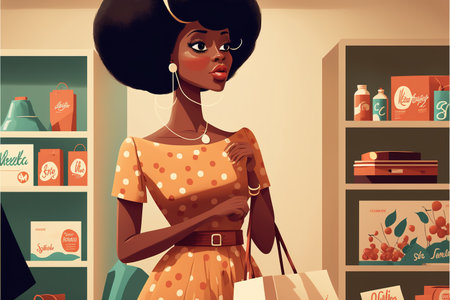 African American woman cartoon character shopping in the supermarket. Black History Month concept. Generative AI illustration retro styleの素材