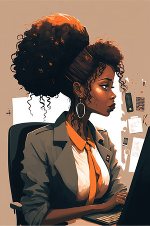 Young beautiful African American woman working at the office. Generative AI Vertical illustrationの素材