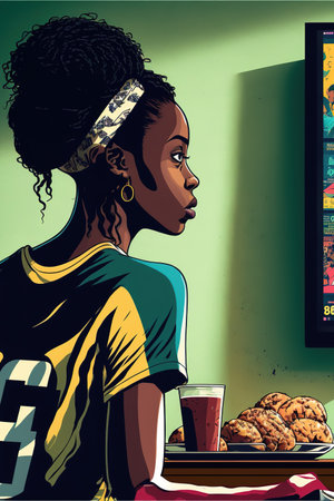 Young African American woman eating fast food and looking at the television. Generative AI Vertical illustrationの素材