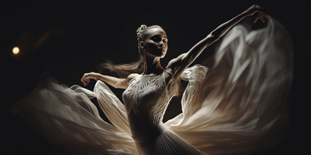 Beautiful ballerina dancer, dancing in the darkness of theater with big dress. Generative AI illustrationの素材