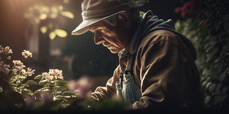Retired man doing some gardening at home. Generative AI illustrationの素材