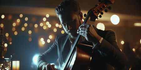 Man playing cello during concert. Bokeh lights as background. Generative AI illustrationの素材