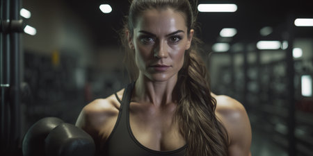 Caucasian strong woman training in the gym. Portrait looking at camera. Empowerment and Fitness concept. Generative AI illustrationの素材