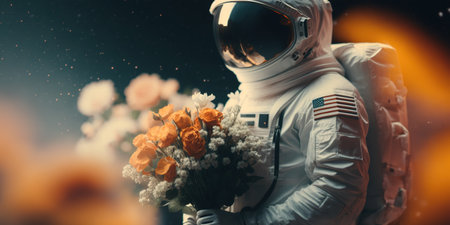 USA Astronaut holding bouquet of flowers in the middle of the space. Generative AI illustrationの素材