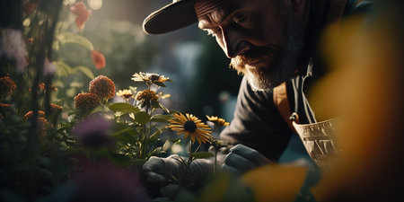 close up portrait of mature man taking care of his garden. Generative AI illustrationの素材