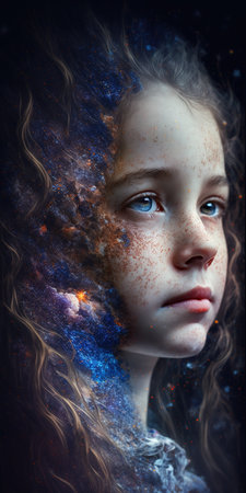 Composition portrait of little girl with double exposure with the outer space. Generative AI Vertical illustrationの素材