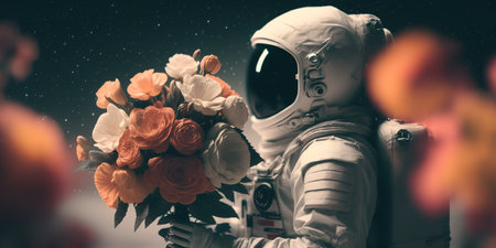 Animation of realistic astronaut with beautiful bouquet flowers in hands. Surreal concept. Generative AI illustrationの素材