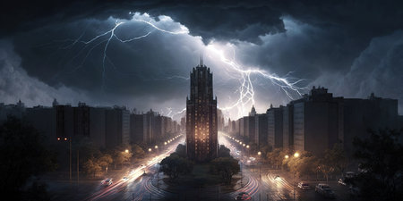 Modern city under big storm with lightning and dark clouds. Generative AI illustrationの素材