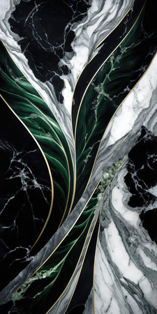 Luxury textured marble background in green, black, silver and golden colors. Generative AI Vertical illustrationの素材